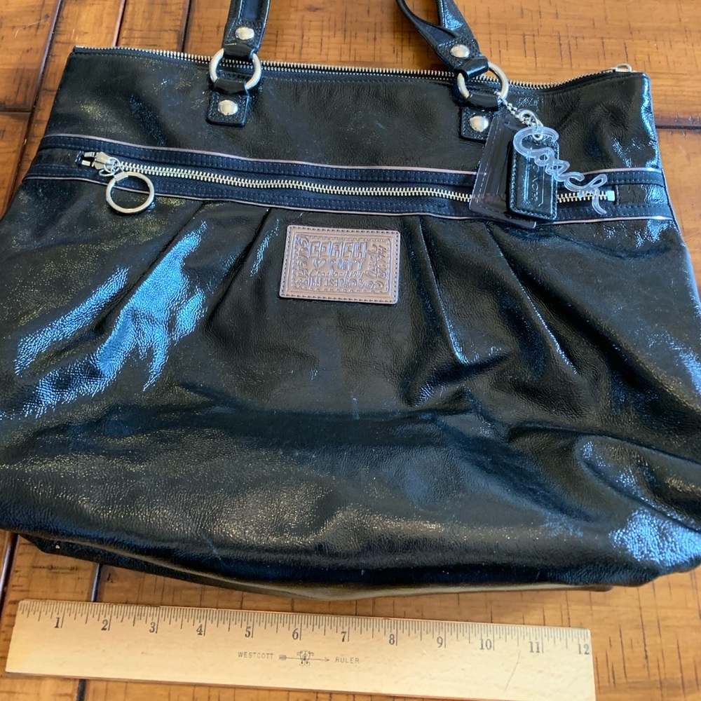Large black patent leather coach poppy tote